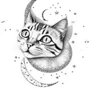 a crescent moon with a cat sitting on it with stars and sparkling dangles tattoo design idea