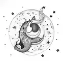 a crescent moon with a cat sitting on it with stars and sparkling dangles tattoo design idea