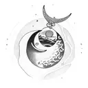 a crescent moon with dangles and a cat and the sun tattoo design idea
