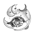 a crescent moon with dangles and a cat and the sun tattoo design idea