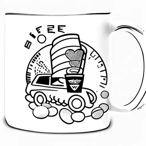 A button-filled coffee mug with a racecar popping out tattoo design idea