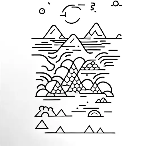 A vertical minimalist tattoo of a mountain range reflecting on a serene lake tattoo design idea