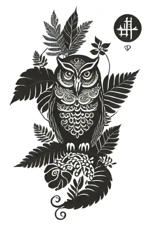 owl, fern, runes, Nordic style, goddess of nature, tattoo design idea