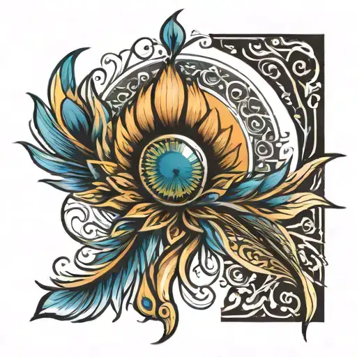 sun and peacock feather tattoo design idea