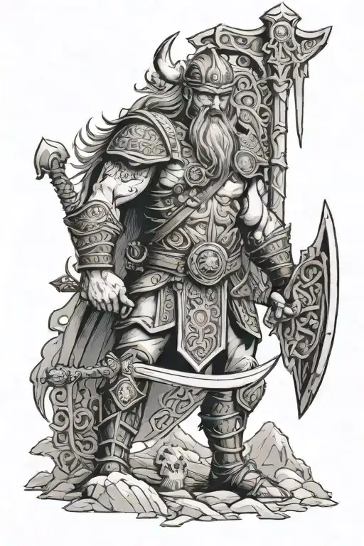 viking army in standing in front of the gates of valhalla tattoo design idea