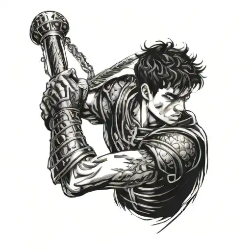 A portrait tattoo of Guts from Berserk in a dramatic blackwork style, capturing his intense and brooding personality tattoo design idea