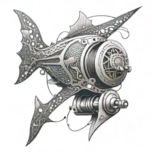 An intricate dotwork design of a fishing reel with a shark fin incorporated into the design tattoo design idea