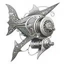 An intricate dotwork design of a fishing reel with a shark fin incorporated into the design tattoo design idea