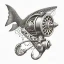 An intricate dotwork design of a fishing reel with a shark fin incorporated into the design tattoo design idea