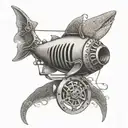 An intricate dotwork design of a fishing reel with a shark fin incorporated into the design tattoo design idea