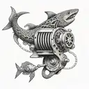 An intricate dotwork design of a fishing reel with a shark fin incorporated into the design tattoo design idea