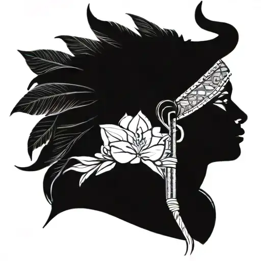 Black and white arm tattoo of Indian woman wearing a bull headdress with magnolia flower up front at the bottom tattoo design idea