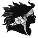 Black and white arm tattoo of Indian woman wearing a bull headdress with magnolia flower up front at the bottom tattoo design idea