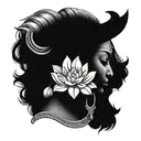Black and white arm tattoo of Indian woman wearing a bull headdress with magnolia flower up front at the bottom tattoo design idea