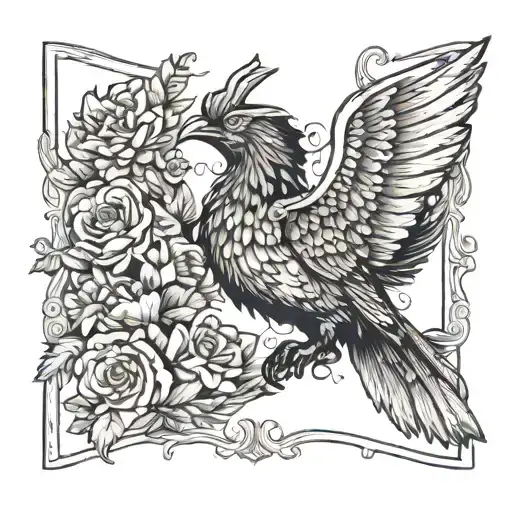 A tarot card featuring a mystical phoenix rising from the ashes, surrounded by Taurus stars and flowers tattoo design idea