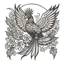 A tarot card featuring a mystical phoenix rising from the ashes, surrounded by Taurus stars and flowers tattoo design idea