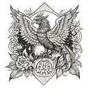 A tarot card featuring a mystical phoenix rising from the ashes, surrounded by Taurus stars and flowers tattoo design idea