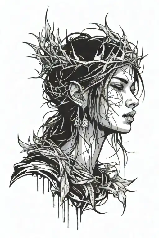 girl with a crown of thorns is crying anime girl tattoo design idea