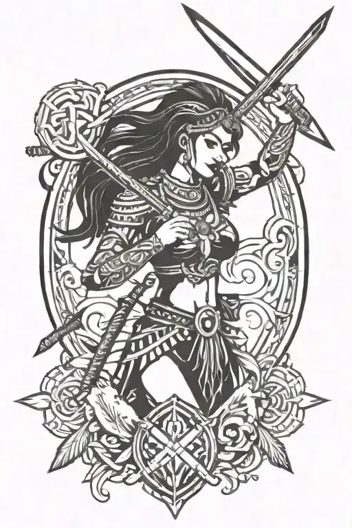 indistinct woman, tribal warrior, engaged in conflict with sword while guarding heart gem around neck tattoo design idea