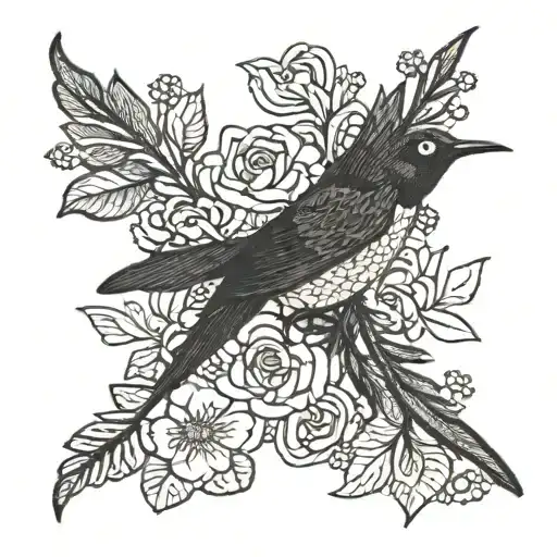 Embroidered lace patch with black swallow and flower motifs tattoo design idea