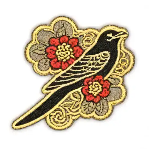 Embroidered lace patch with black swallow and flower motifs tattoo design idea
