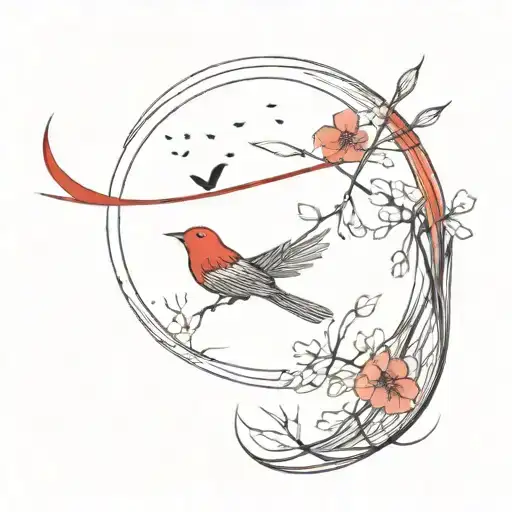 tattoo for collarbone: japanese style red new moon with abstract lines and shading, birds in the background  tattoo design idea