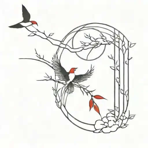 japanese style red new moon with abstract lines and shading, birds in the background tattoo design idea