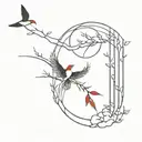 japanese style red new moon with abstract lines and shading, birds in the background tattoo design idea