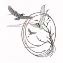 japanese style red new moon with abstract lines and shading, birds in the background tattoo design idea
