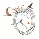 japanese style red new moon with abstract lines and shading, birds in the background tattoo design idea