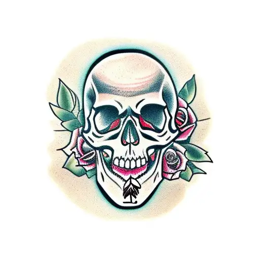 Traditional "Skull And Vase, Roses" Tattoo Idea BlackInk AI