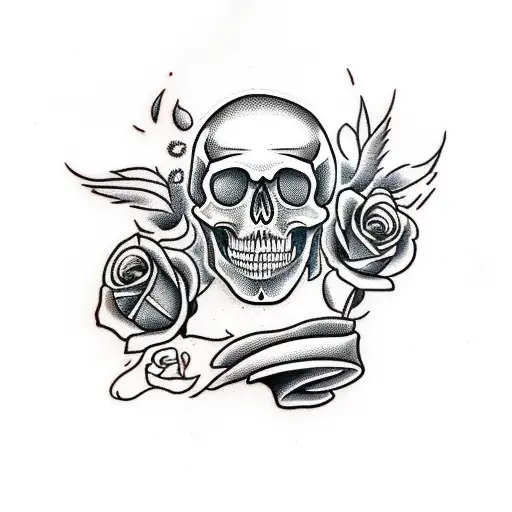 Traditional "Skull And Vase, Roses" Tattoo Idea BlackInk AI