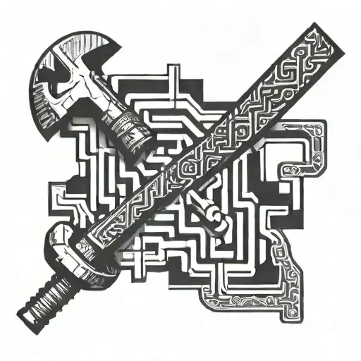 A labyrinth design with a carpenter's hammer and nails, symbolizing the challenges of Alzheimer's tattoo design idea