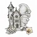 seashell, bell tower shape tattoo design idea