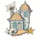 seashell, bell tower shape tattoo design idea