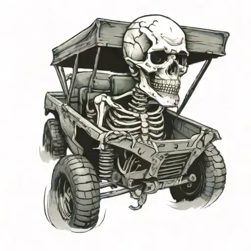 trophy truck with skeleton driving it Should be realistic tattoo design idea