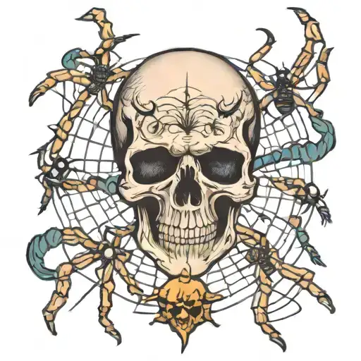 skull and spiders weaving their webs surrounding tattoo design idea