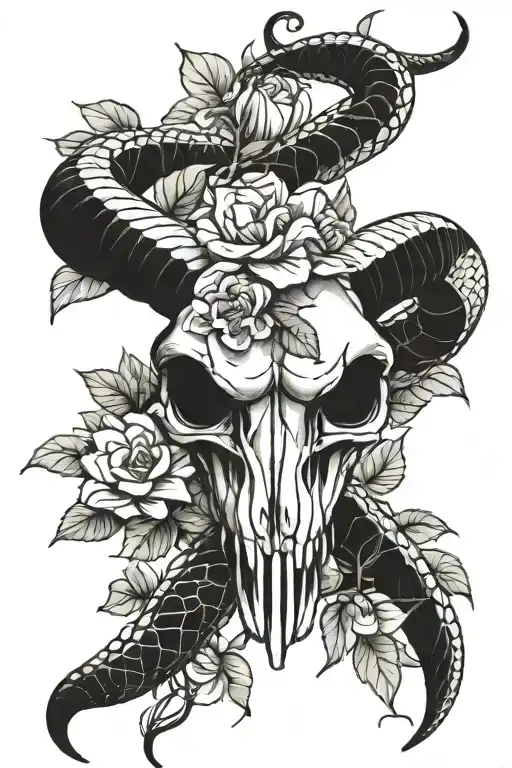 snake wrapped, bull skull, gardenia, fan tattoo design idea