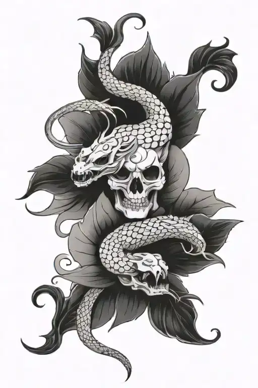 snake skull, two koi fish, dragon, gardenia, folding fan tattoo design idea