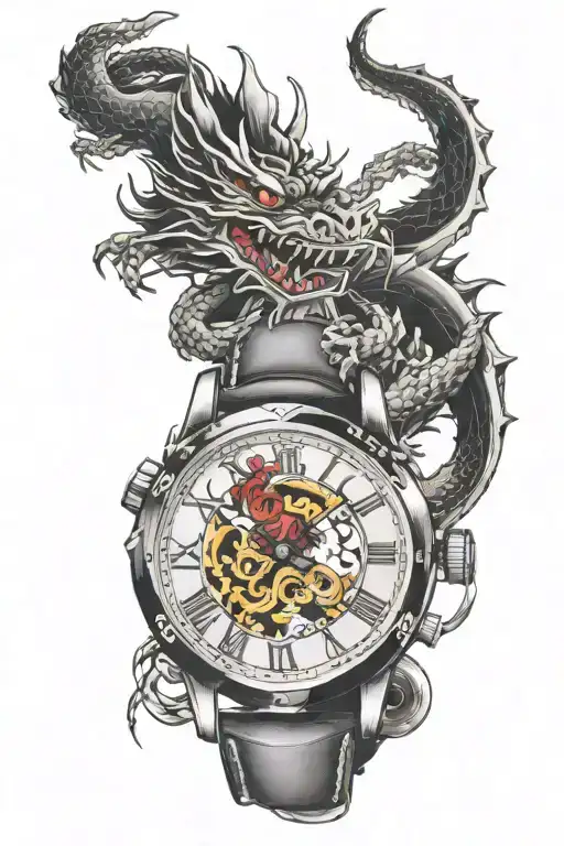 a watch broken and healed with a samurai and dragon tattoo design idea