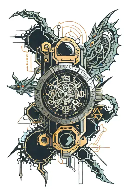 a watch broken and healed with a samurai and dragon tattoo design idea