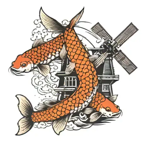 koi in front of a Dutch windmill  tattoo design idea