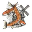 koi in front of a Dutch windmill  tattoo design idea
