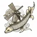 koi in front of a Dutch windmill  tattoo design idea