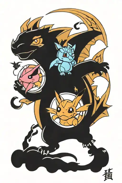 charizard, pikachu y jigglipuff tattoo design idea