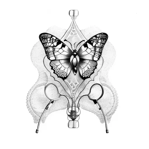 A dotwork tattoo of a stethoscope forming the shape of a butterfly, combining your passion for medicine and admiration for butterflies. tattoo design idea