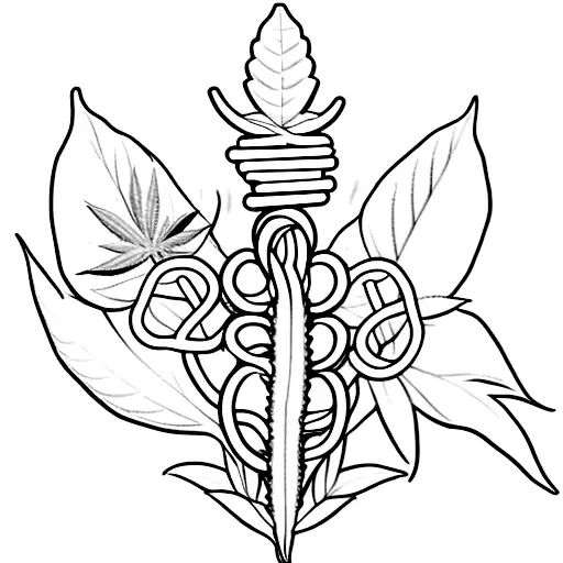 An intricate black-grey tattoo of a cannabis leaf intertwined with a medical caduceus, showcasing your interests in both health and marijuana. tattoo design idea
