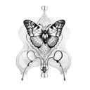 A dotwork tattoo of a stethoscope forming the shape of a butterfly, combining your passion for medicine and admiration for butterflies. tattoo design idea