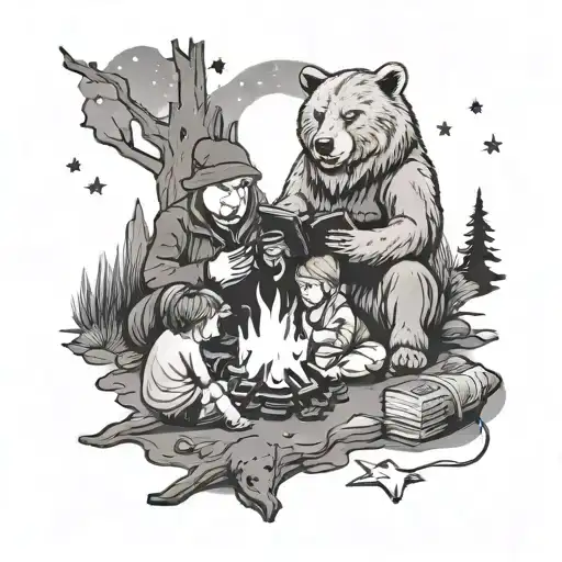 A cozy campfire scene with friends reading books under the stars, while a bear and wolf watch over them tattoo design idea