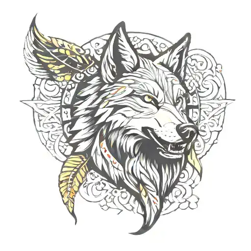 wolf, turkey fan tattoo design idea